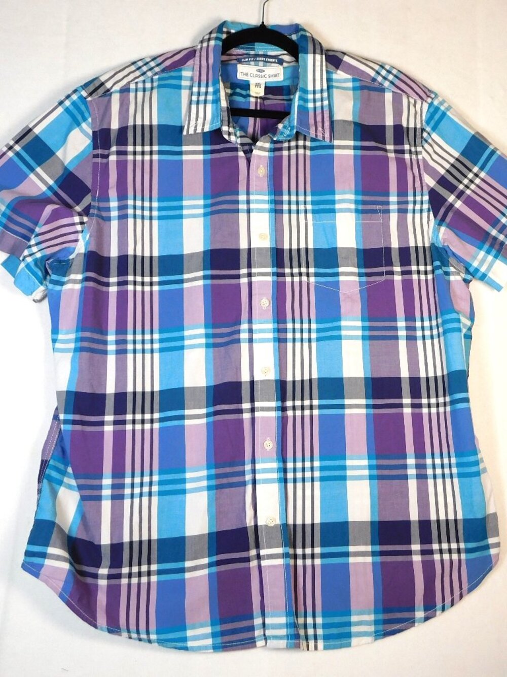 Old Navy Men's  XXL Blue/White/Purple/ Plaid  Button Slim Fit Short Sleeve Shirt